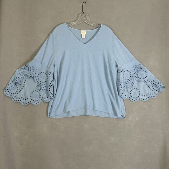 Chico’s Top Women Plus SZ 16 Eyelet Bell Sleeve Lightweight Feminine Casual - Picture 1 of 16